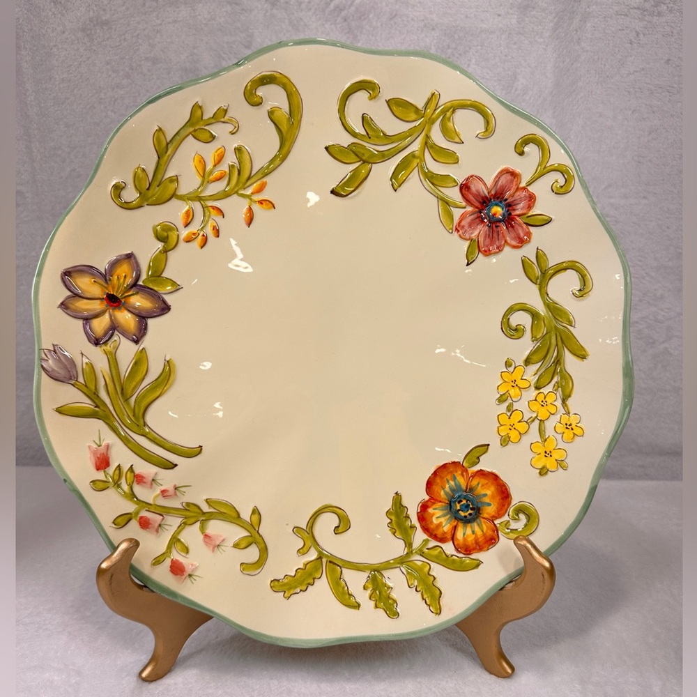 Hand Painted 14” Serving Plate Decorative Platter Raised Floral Design Cake Dish